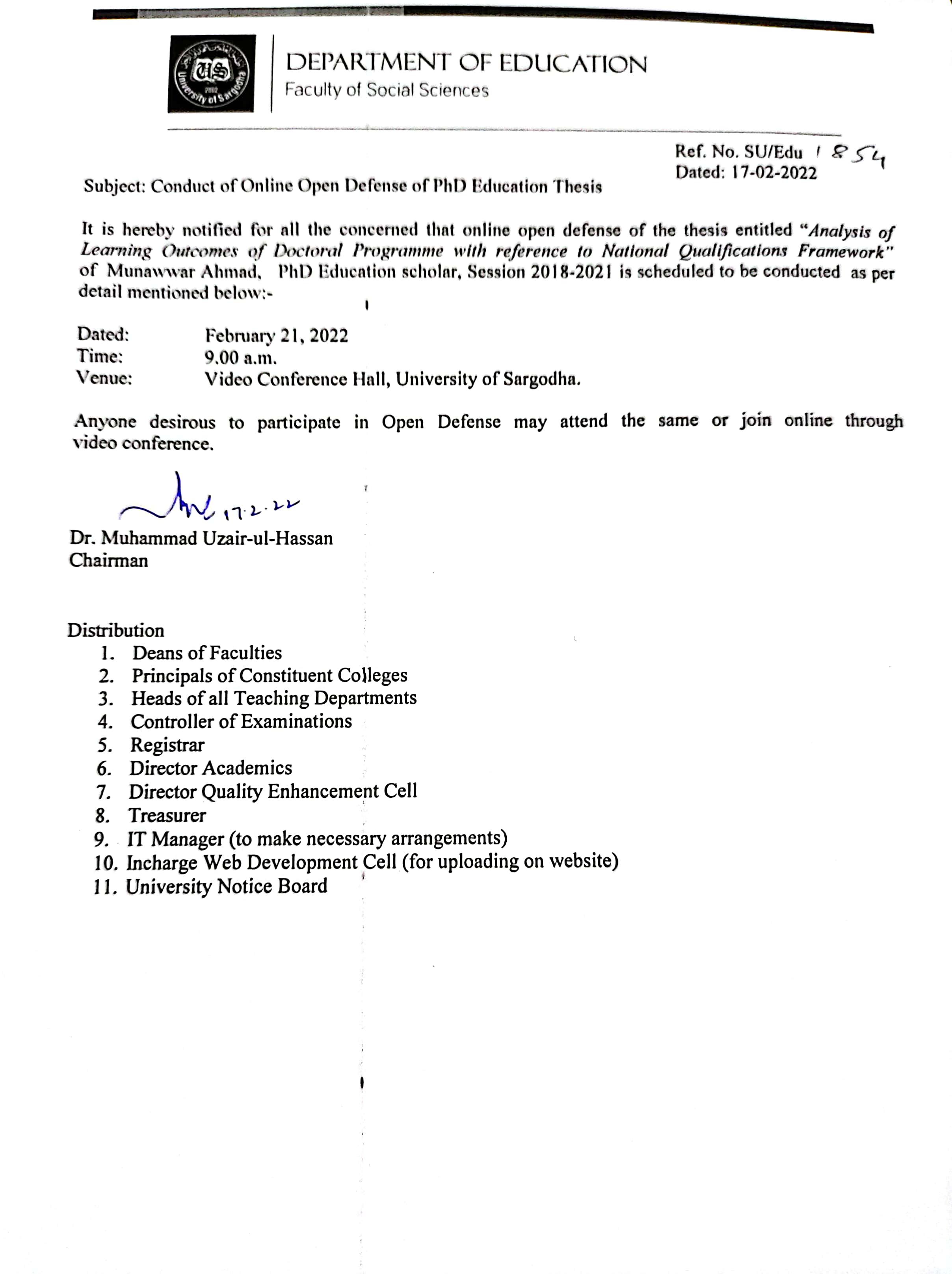 Conduct of Online Open Defense of PhD Education Thesis (Department of Education)